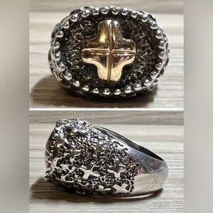Vintage Carol Henry Designs Sterling Silver & 14K Gold Tall Cross Ring, Size 7.5